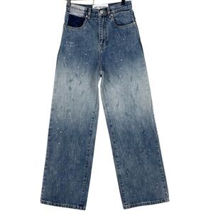 Ann Andelman Rinestone Blue high-waisted wide leg jeans Sz 25 Distressed Bling